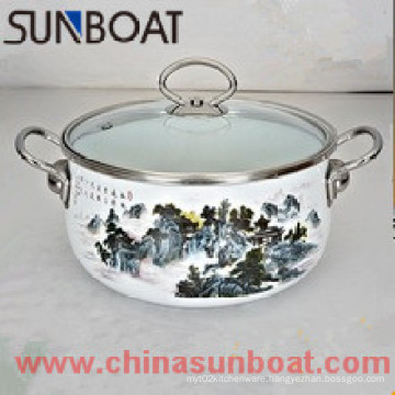 Chinese Landscape Painted Enamel Saucepot Kitchenware Stewpot/Soup Pot